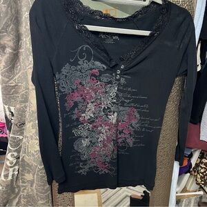 Lena Black Long Sleeve Lace-Trim Top with Pink & Gray Floral Graphic